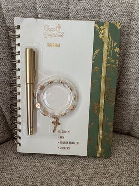 Grace & Gratitude Journal with Gold Pen and Rosary Bracelet - Green & White